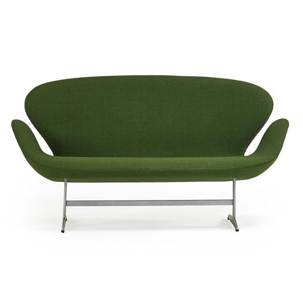 ARNE JACOBSEN; FRITZ HANSEN Swan settee: ARNE JACOBSEN (1902 - 1971) FRITZ HANSEN Swan settee (no. 3321), Denmark, ca. 1971; Wool upholstery, aluminum, plastic; Unmarked; 31" x 56 1/2" x 29" Provenance available: Copy of original receipt fro