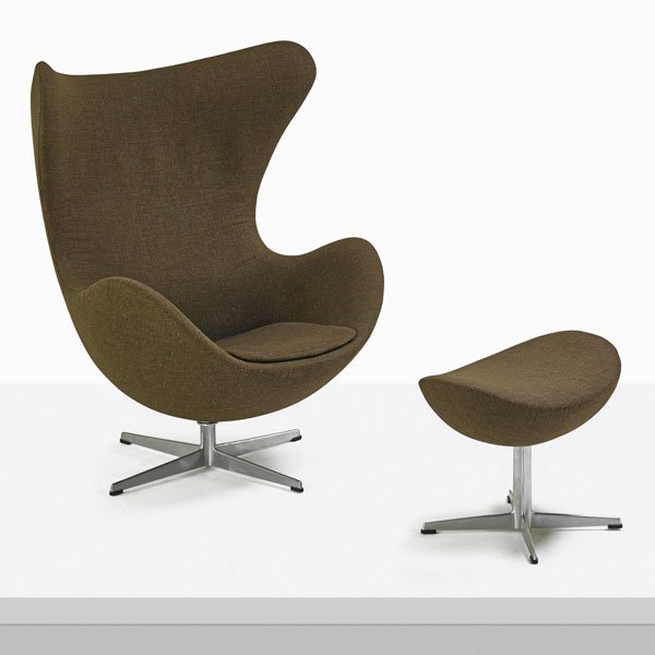 ARNE JACOBSEN; FRITZ HANSEN Egg chair and ottoman: ARNE JACOBSEN (1902 - 1971) FRITZ HANSEN Egg chair and ottoman (nos. 3317 and 3127), Denmark, c. 1971; Wool upholstery, aluminum, plastic; Foil label and raised signature to chair, ottoman unmarked; C