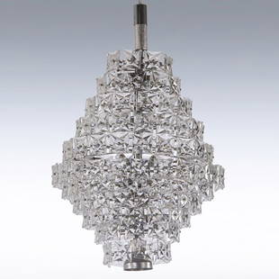 OTT INTERNATIONAL Massive chandelier: OTT INTERNATIONAL Massive chandelier, Germany, 1970s; Chromed steel, faceted glass, forty-two sockets; Unmarked; Body: 44" x 36" dia.