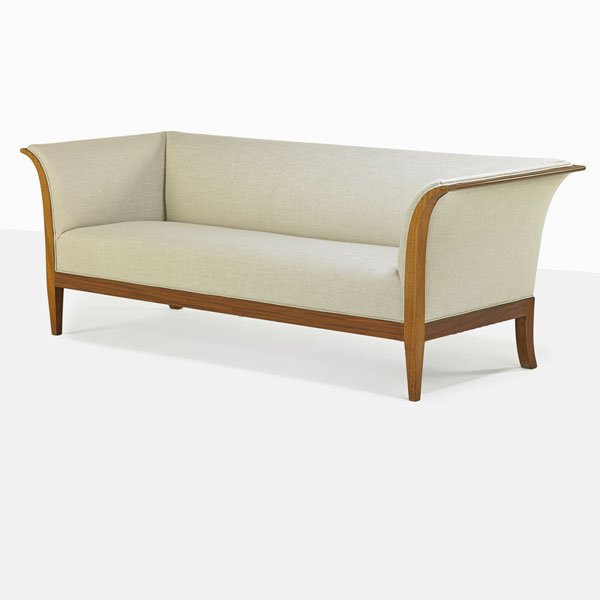 FRITS HENNINGSEN Sofa: FRITS HENNINGSEN (1900 - 1965) Sofa, Denmark, 1940s; Mahogany, upholstery; Unmarked; 29" x 82 1/2" x 31 1/2"