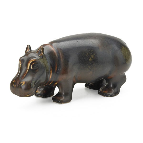 GUNNAR NYLUND; RORSTRAND Stoneware hippopotamus: GUNNAR NYLUND (1904 - 1997) RORSTRAND Glazed stoneware hippopotamus, Sweden, 1950s; Incised with Rorstrand mark/GN/SWEDEN; 4 1/4" 7 1/2" x 3" Provenance: The Lillian Hoffman Collection