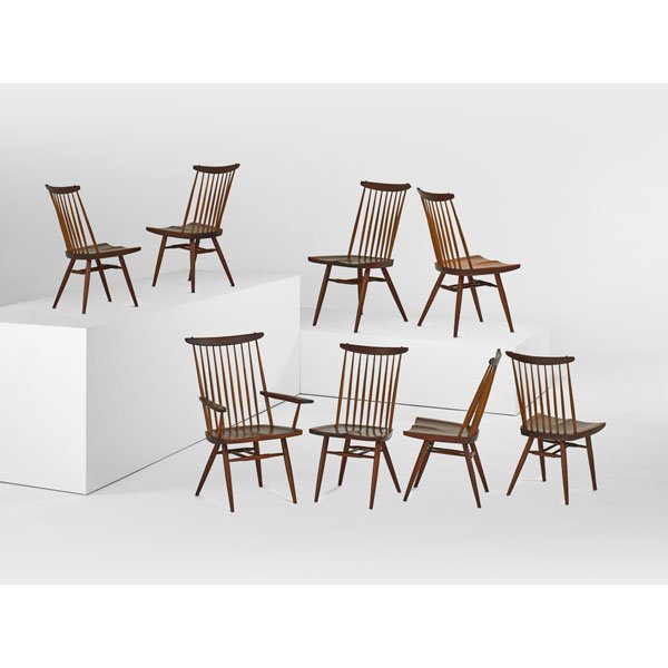 GEORGE NAKASHIMA Set of eight New Chairs: GEORGE NAKASHIMA (1905 - 1990) NAKASHIMA STUDIOS Set of eight New Chairs, one arm-, seven side-, New Hope, PA; Cherry, hickory; All signed with client's name; Armchair: 39" x 25" x 23" Provenance avai