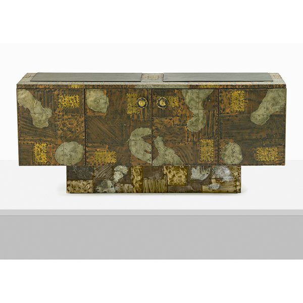 PAUL EVANS; PAUL EVANS STUDIO Patchwork cabinet: PAUL EVANS (1931 - 1987) PAUL EVANS STUDIO Four-door Patchwork cabinet, New Hope, PA, 1970s; Patinated copper and bronze, pewter, slate; Unmarked; 31" x 72" x 21"