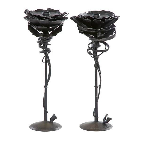 ALBERT PALEY Pair of candlesticks: ALBERT PALEY (b. 1944) Pair of candlesticks, Rochester, NY, 1994; Forged and fabricated blackened steel; Signed ALBERT PALEY 1994; 14 1/4" x 5 3/4"