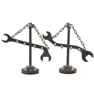 JASON WEIN; CLEVELAND ART Pair table lamps: JASON WEIN (b. 1970) CLEVELAND ART Pair of table lamps, Cleveland, OH, 2013; Blackened steel wrenches, piping, and chain gears, four sockets; Unmarked; 20 1/2" x 21" x 8 1/2"