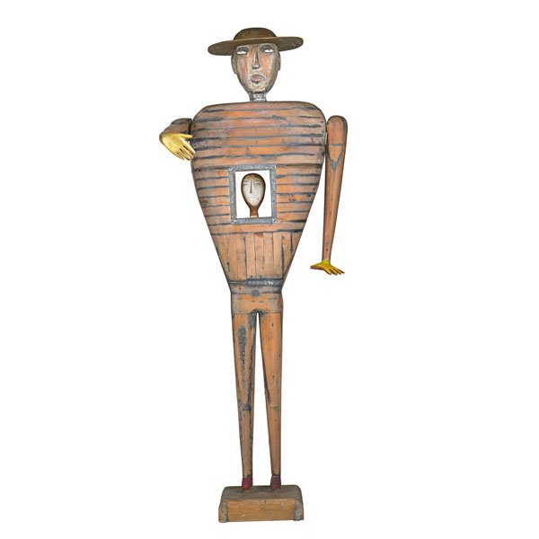 HARRIET BELL Massive folk art sculpture: HARRIET BELL (b. 1950) Massive figural folk art sculpture, "Caged Bird," 1987; Painted wood, metal; Unmarked; 83" x 28" x 12"