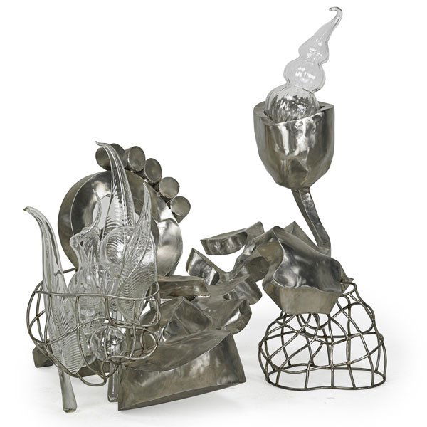 GINNY RUFFNER Glass and steel sculpture: GINNY RUFFNER (b. 1952) Sculpture, glass balls in frame, Seattle, WA, ca. 1998; Torch-cut and sculpted steel, internally-decorated blown glass; Unmarked; 27" x 40" x 28"