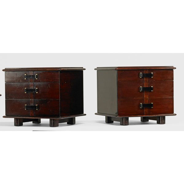 PAUL FRANKL Pr. Station Wagon nighstands: PAUL FRANKL (1886 - 1958) JOHNSON FURNITURE CO. Pair of Station Wagon nightstands, USA, 1940s; Mahogany, ebonized wood, brass; Stenciled markings, branded, retailer brass labels; 21" x 24 1/2" x 22"