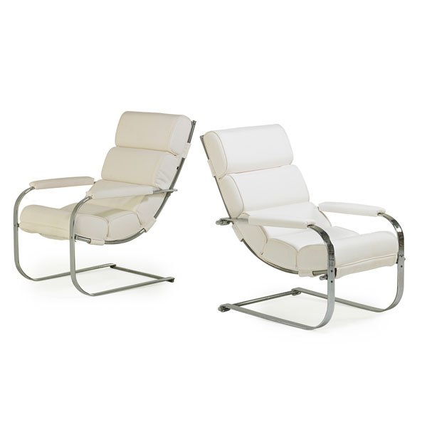 GILBERT ROHDE; TROY SUNSHADE CO. Two chairs: GILBERT ROHDE (1894 - 1944) TROY SUNSHADE CO. Two lounge chairs, Troy, OH, 1930s; Chromed steel, upholstery; Unmarked; 40 1/2" x 28" x 38 1/2"