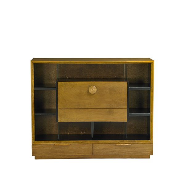 GILBERT ROHDE; HERMAN MILLER Cabinet: GILBERT ROHDE (1894 - 1944) HERMAN MILLER Cabinet with drop-down secretary desk (no. 4100), USA, 1940s; Bleached mahogany, paldao, lacquered wood, brass; Unmarked; 49" x 60" x 17"