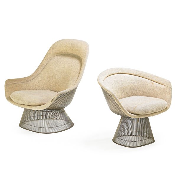 WARREN PLATNER; KNOLL Easy Chair and Lounge Chair: WARREN PLATNER (1919 - 2006) KNOLL INTERNATIONAL Easy Chair and Lounge Chair, New York, des. 1966; Nickeled steel, wool; Manufacturer's labels; Easy chair: 38 3/4" x 34" x 37", Lounge Chair: 30 1/4" x