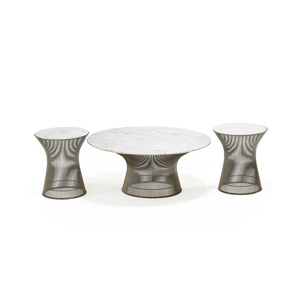 WARREN PLATNER; KNOLL Coffee table, two tables: WARREN PLATNER (1919 - 2006) KNOLL INTERNATIONAL Coffee table and two side tables, New York, des. 1966; Nickeled steel, Carrara marble; Unmarked; Coffee table: 15 1/2" x 36" dia., side tables: 18 1/4"