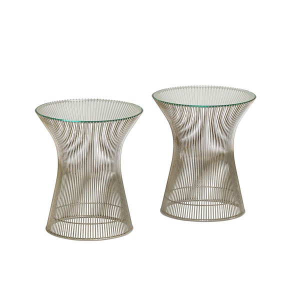 WARREN PLATNER Two side tables: WARREN PLATNER (1919 - 2006) KNOLL INTERNATIONAL Two side tables, New York, 1970s; Nickeled steel, glass; Unmarked; 18" x 16" dia.