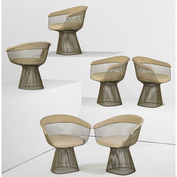 WARREN PLATNER Six dining chairs: WARREN PLATNER (1919 - 2006) KNOLL INTERNATIONAL Six dining chairs, New York, 1970s; Nickeled steel, upholstery; Manufacturer labels; 29 1/2" x 27" x 22"