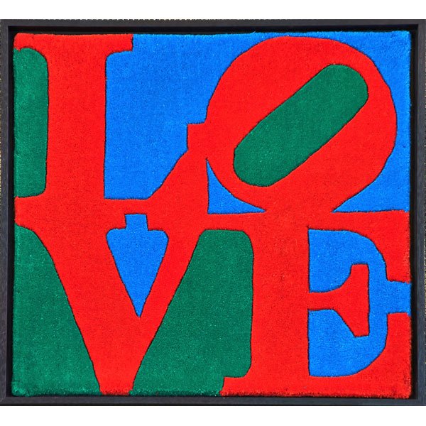 AFTER ROBERT INDIANA Tapestry, "Classic Love": AFTER ROBERT INDIANA (b. 1928) Framed wool tapestry, "Classic Love," 2007; Fabric label, numbered 795/1000; 31 1/2" x 32" Note: Exclusive edition for Galerie-f, Germany