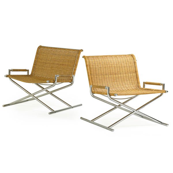 WARD BENNETT Pair of lounge chairs: WARD BENNETT (Attr.) (b. 1917) Pair of lounge chairs, 1970s; Chromed steel, cane; Unmarked; 28" x 29 1/2" x 30 1/2"