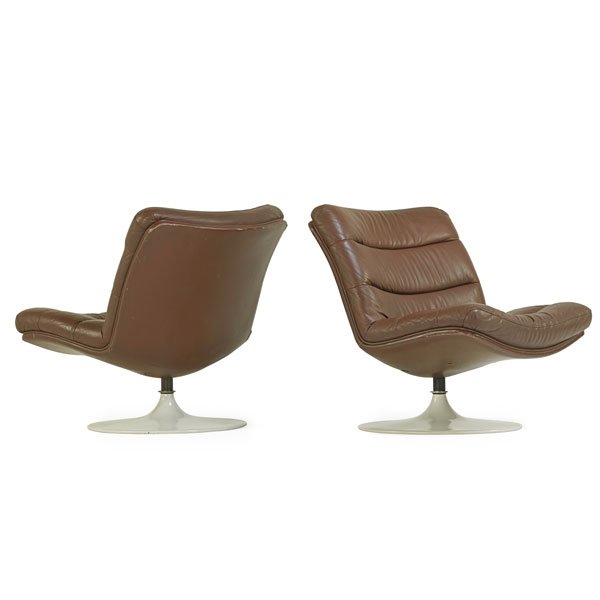 GEOFFREY HARCOURT Pair of lounge chairs: GEOFFREY HARCOURT (b. 1935) ARTIFORT Pair of lounge chairs, France, 1970s; Enameled steel, leather; Manufacturer's labels; 25" x 28" x 28"