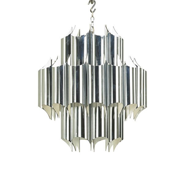 ROBERT SONNEMAN Chandelier: ROBERT SONNEMAN Large chandelier, USA, 1970s; Chromed and enameled metal, four sockets; Body only: 28" x 24" dia.