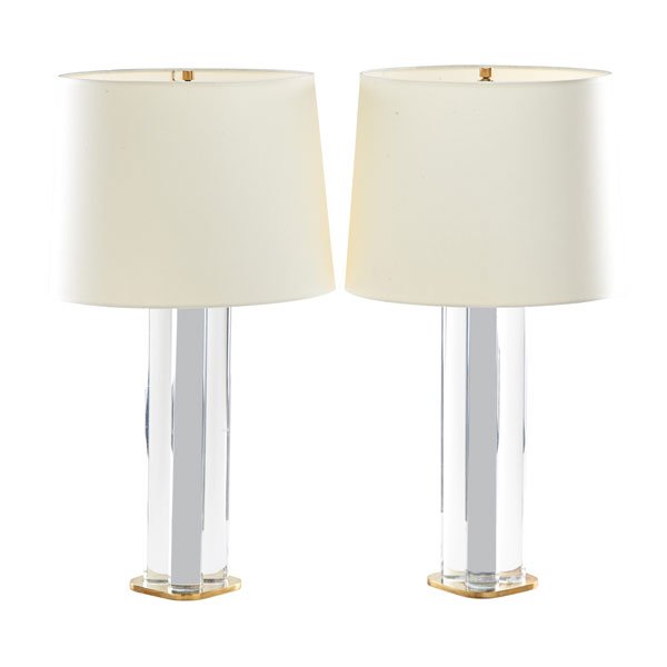 HANSEN LIGHTING CO. Pair of table lamps: HANSEN LIGHTING CO. Pair of table lamps, New York, 1960s; Acrylic, brass, double sockets, paper shades; Unmarked; Bases only: 18", overall: 31 1/2" x 16" dia.