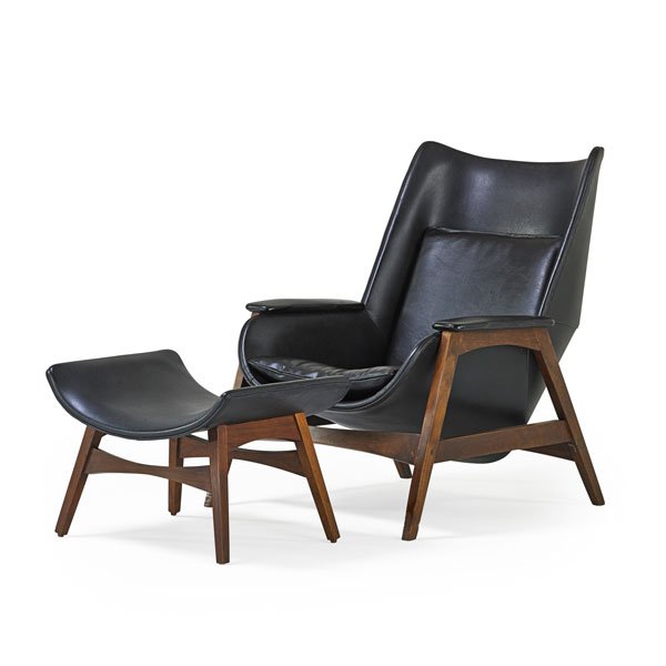 ADRIAN PEARSALL (Attr.) Lounge and ottoman: ADRIAN PEARSALL (Attr.) (1925 - 2011) Lounge chair and ottoman, Berne, IN, 1950s; Walnut, vinyl; Unmarked; Chair: 36 1/2" x 29" x 36", ottoman: 17" x 24" x 17 1/2"