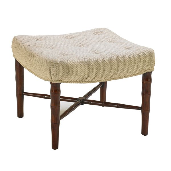 EDWARD WORMLEY; DUNBAR Bench: EDWARD WORMLEY (1907 - 1995) DUNBAR Bench, Berne, IN, 1950s; Lacquered mahogany, upholstery; Fabric label; 17" x 21" sq.