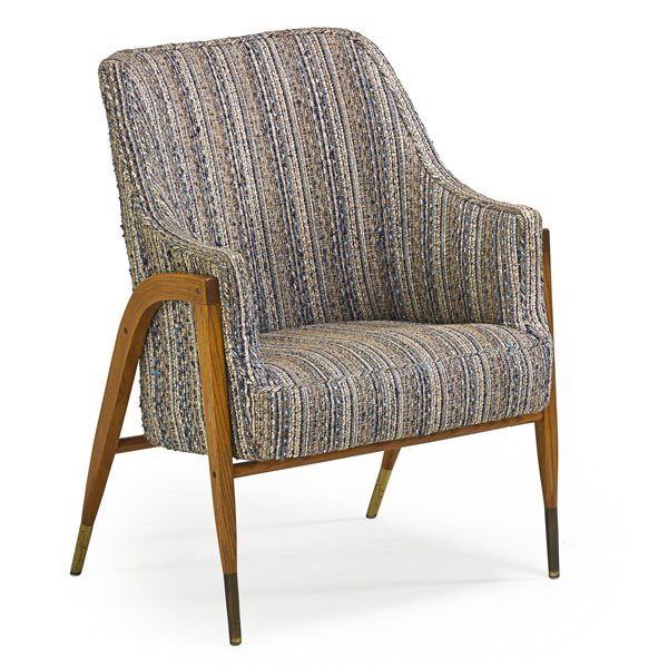 EDWARD WORMLEY; DUNBAR Lounge chair: EDWARD WORMLEY (1907 - 1995) DUNBAR Lounge chair, Berne, IN, 1950s; Ash, brass, wool; Unmarked; 37" x 29" x 30"
