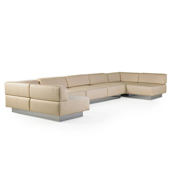 HARVEY PROBBER Sectional sofa: HARVEY PROBBER (1922 - 2003) HARVEY PROBBER INC Seven-seat sectional sofa, USA, 1970s; Chromed steel, upholstery; Unmarked; Three-seat sofa: 26" x 96" x 33", two-seat sofas: 26" x 65" x 33"