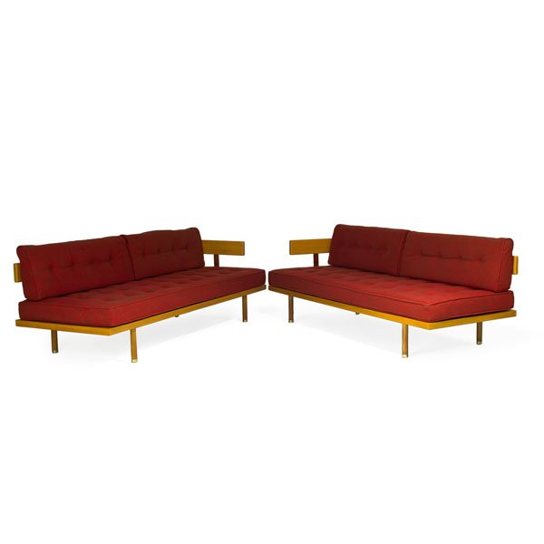 HARVEY PROBBER Pr. of daybeds: HARVEY PROBBER (1922 - 2003) HARVEY PROBBER INC Pair of daybeds, USA, 1950s; Mahogany, brass, wool; Upholstery manufacturer's labels; 25 1/2" x 80 1/2" x 30" ea., overall: 25 1/2" x 161" x 30"