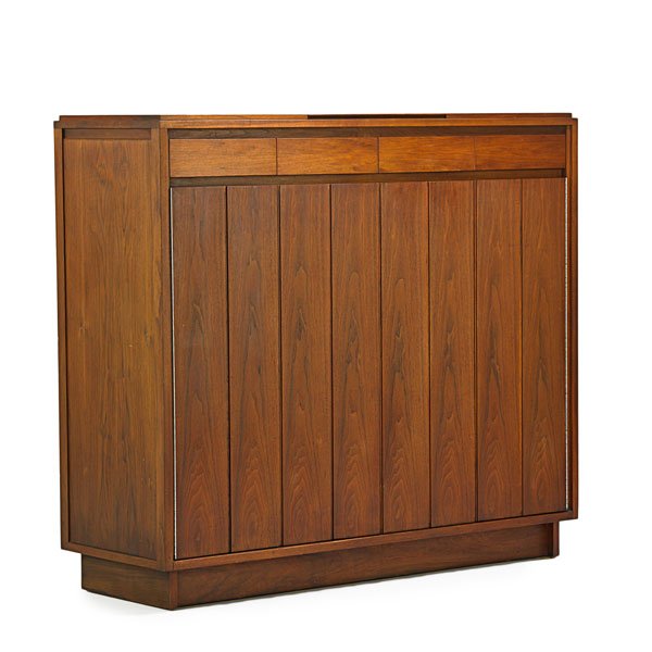 PAUL McCOBB; CALVIN Dresser: PAUL McCOBB (1917 - 1969) CALVIN Dresser, Grand Rapids, MI, 1960s; Walnut, aluminum, mirrored glass; Unmarked; 48 1/4" x 54" x 19"