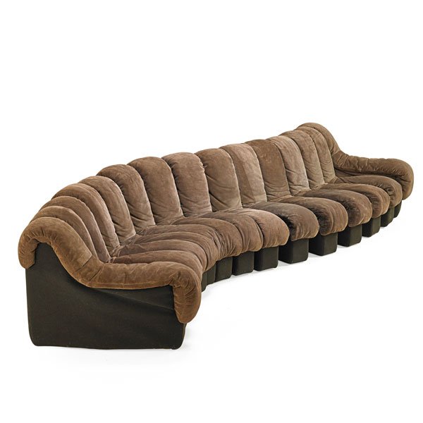 BERGER, PEDUZZI-RIVA, ULRICH; DE SEDE Sofa: BERGER, PEDUZZI-RIVA, ULRICH DE SEDE DS 600 Organic sofa with fifteen segments, Switzerland, ca. 1970; Suede, felt; Several Stendig labels; Overall: 29" x 41" x 147"