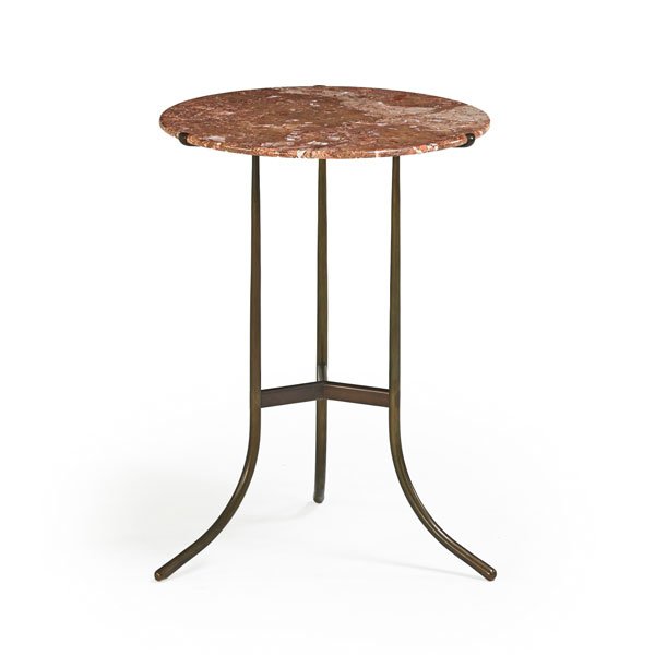 CEDRIC HARTMAN Side table: CEDRIC HARTMAN (b. 1929) Side table, Omaha, NE, 1990s; Brass, marble; Signed and numbered; 23" x 18" dia., top: 17" dia.
