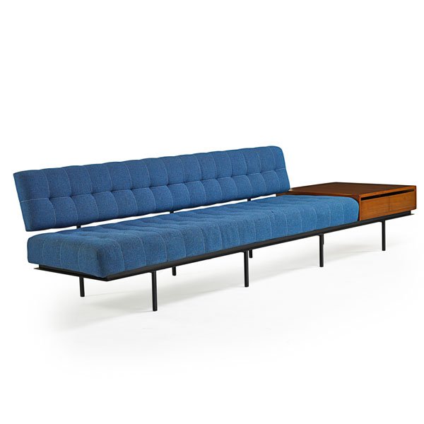 FLORENCE KNOLL; KNOLL ASSOCIATES Sofa: FLORENCE KNOLL (b. 1917) KNOLL ASSOCIATES Sofa, New York, 1950s; Enameled steel, walnut, upholstery; Unmarked; 30" x 120 1/2" x 29"
