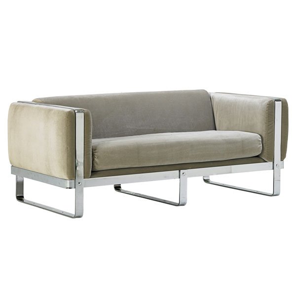 SELIG Two-seat sofa: SELIG Two-seat sofa, Denmark, 1970s; Chromed steel, velvet; Unmarked; 26" x 64" x 33"