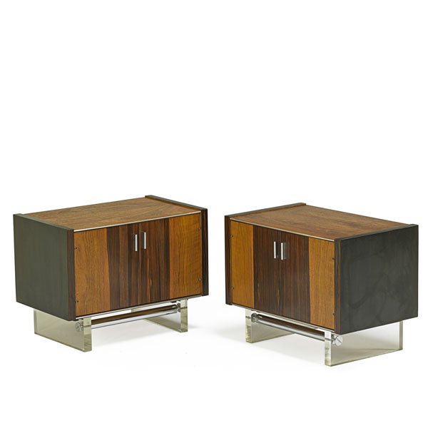 SELIG Pair nightstands: SELIG Pair of nightstands, USA, 1970s; Rosewood, walnut, chromed steel, acrylic; 21 1/4" x 27 3/4" x 17 1/2"