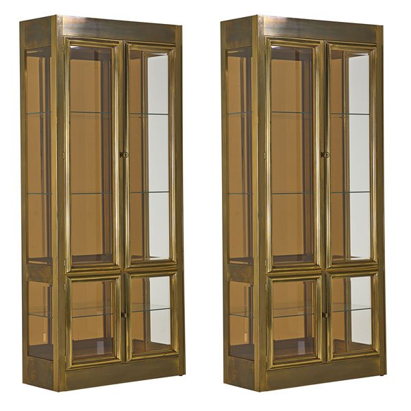 MASTERCRAFT Pr. vitrines: MASTERCRAFT Pair of illuminated picture-frame etageres, USA, 1990s; Patinated brass, antiqued mirror, glass; Unmarked; 86 1/2" x 39" x 15 3/4"