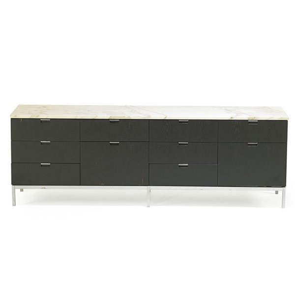 FLORENCE KNOLL; KNOLL STUDIO Cabinet: FLORENCE KNOLL (b. 1917) KNOLL STUDIO Cabinet, Italy/USA, 1990s; Enameled wood, chromed steel, marble; Manufacturer's label; 25 1/2" x 75" x 18"