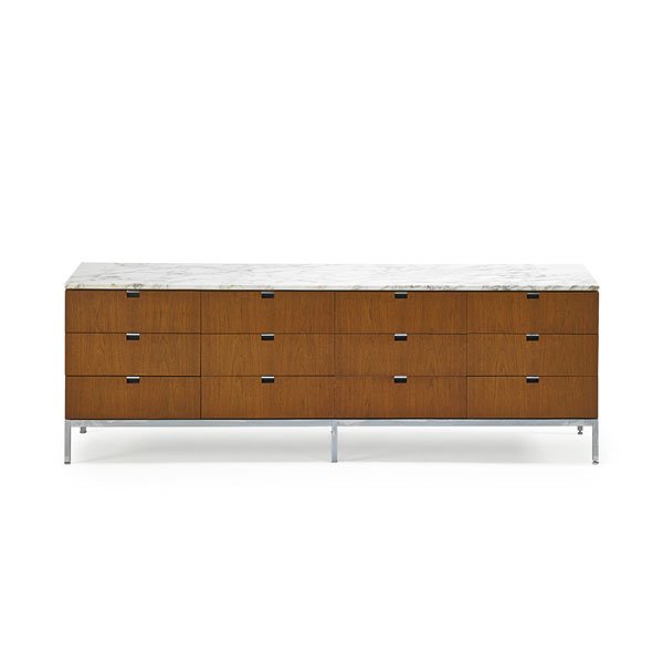 FLORENCE KNOLL; KNOLL Ten-drawer cabinet: FLORENCE KNOLL (b. 1917) KNOLL ASSOCIATES Ten-drawer cabinet, USA, 1960s; Walnut, chromed steel, marble; Unmarked; 25 1/2" x 74 1/2" x 18"