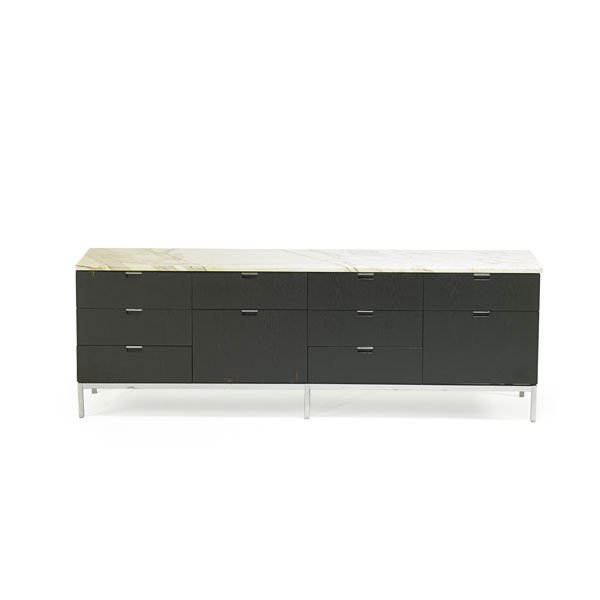 FLORENCE KNOLL Cabinet: FLORENCE KNOLL (b. 1917) KNOLL STUDIO Cabinet, Italy/USA, 1990s; Enameled wood, chromed steel, marble; Manufacturer's label; 25 1/2" x 75" x 18"
