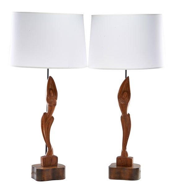 HEIFETZ Pair of table lamps: HEIFETZ Pair of table lamps, USA, 1950s; Oak, mahogany, single sockets, paper shades; Both stamped; Bases only: 24", overall: 38" x 18" dia.
