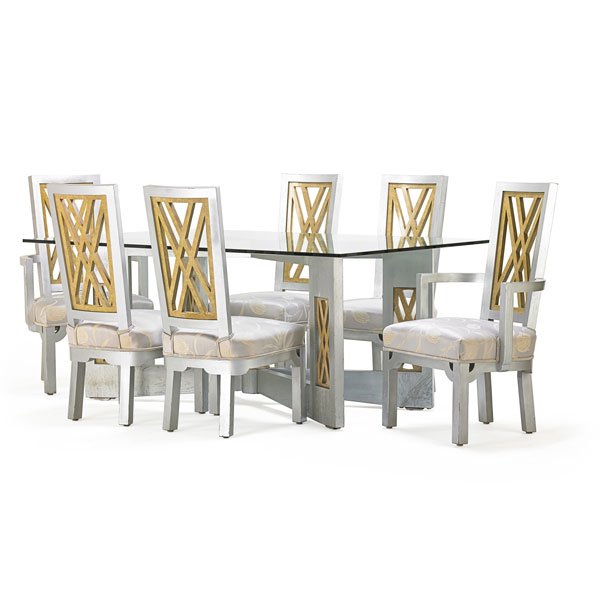 JAMES MONT Dining table and six chairs: JAMES MONT (1904 - 1974) Dining table and six chairs, two arm-, four side-, New York, 1960s; Silvered and polychromed wood, glass, upholstery; Unmarked; Table: 29 1/2" x 71 1/2" x 43 1/2", armchair: 4