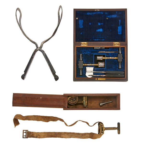 AMERICAN FIELD SURGEON'S KIT: Eight items: cased set of trephine tools, large forceps, and brass tourniquet set, mid 19th c.; Unmarked; Forceps: 3 1/2" x 14" x 3"