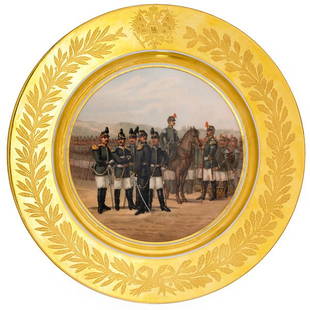 RUSSIAN IMPERIAL PORCELAIN FACTORY MILITARY PLATE: Center painted with officers and soldiers, the gilt border impressed with the Imperial eagle above an oak and laurel wreath, dated 1887; After a painting by Alexander Mironov; 9 3/4" dia.