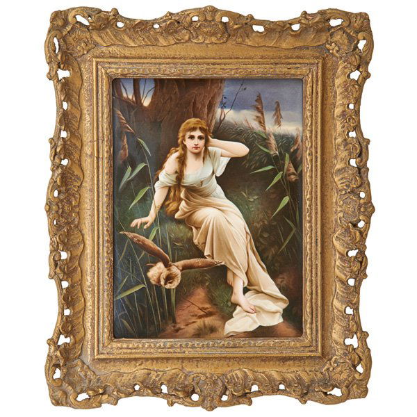 KPM PORCELAIN PLAQUE: A seated maiden beneath a tree with owl in flight, ca. 1900 (framed); Impressed KPM mark with scepter; Plaque: 10" x 7 1/2"