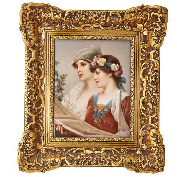 KPM PORCELAIN PLAQUE: Two maidens reading sheet music, ca. 1900 (framed); Impressed KPM mark with scepter; Plaque: 10 1/2" x 8"