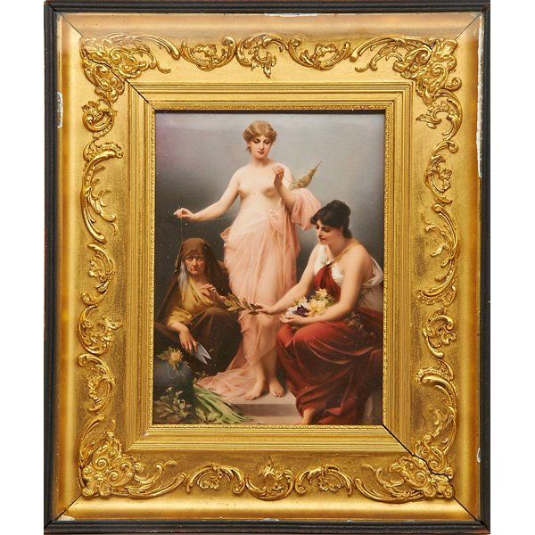 KPM PORCELAIN PLAQUE: The Three Fates, after a painting by Friedrich Paul Thumann, late 19th c. (framed); Artist signed Werner, impressed KPM mark with scepter; Plaque: 9 3/4" x 7 1/2"