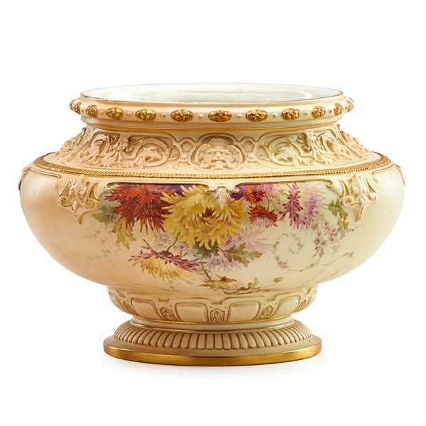 ROYAL WORCESTER PORCELAIN PLANTER: Renaissance style motif with floral spray decoration, ca. 1910; Marked; 10" x 14" dia.