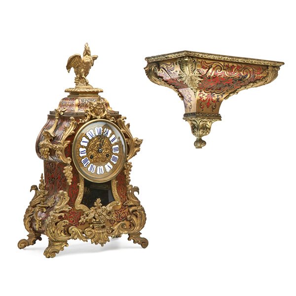 LOUIS XV STYLE BOULLE AND BRONZE MANTEL CLOCK: Time and strike eight day movement, matching shelf, 19th c.; Stamped Japy Freres; 18 1/4" x 11" x 5"