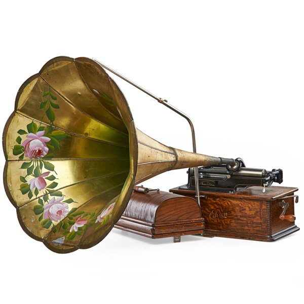 EDISON HOME CYLINDER PHONOGRAPH: With floral decorated morning glory horn, early 20th c.; Serial no. 238773; 12" x 17"