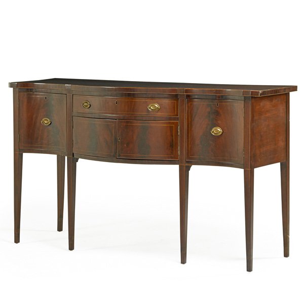 AMERICAN HEPPLEWHITE SIDEBOARD: Mahogany with serpentine front and line inlay on square legs, early 19th c.; 41 1/2" x 71" x 25 1/2"