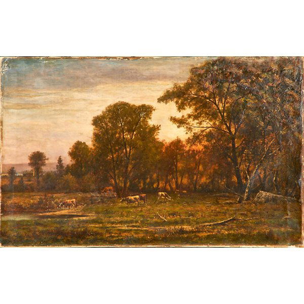CHARLES WILSON KNAPP (American, 1823-1900): Oil on canvas landscape with grazing cattle (framed); Signed; 20" x 30"